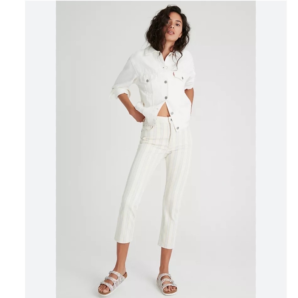 Pilcro and the Letterpress High Rise Slim Crop Striped Jeans Cream Blue Size 28